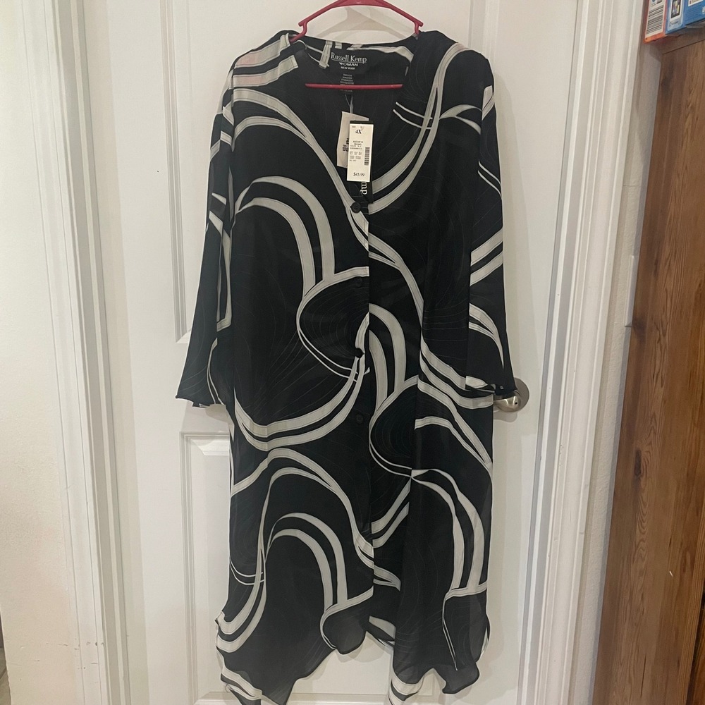 Russell Kemp Woman 4X Black White Abstract Swirl Sheer Duster Cardigan NWT 1375X